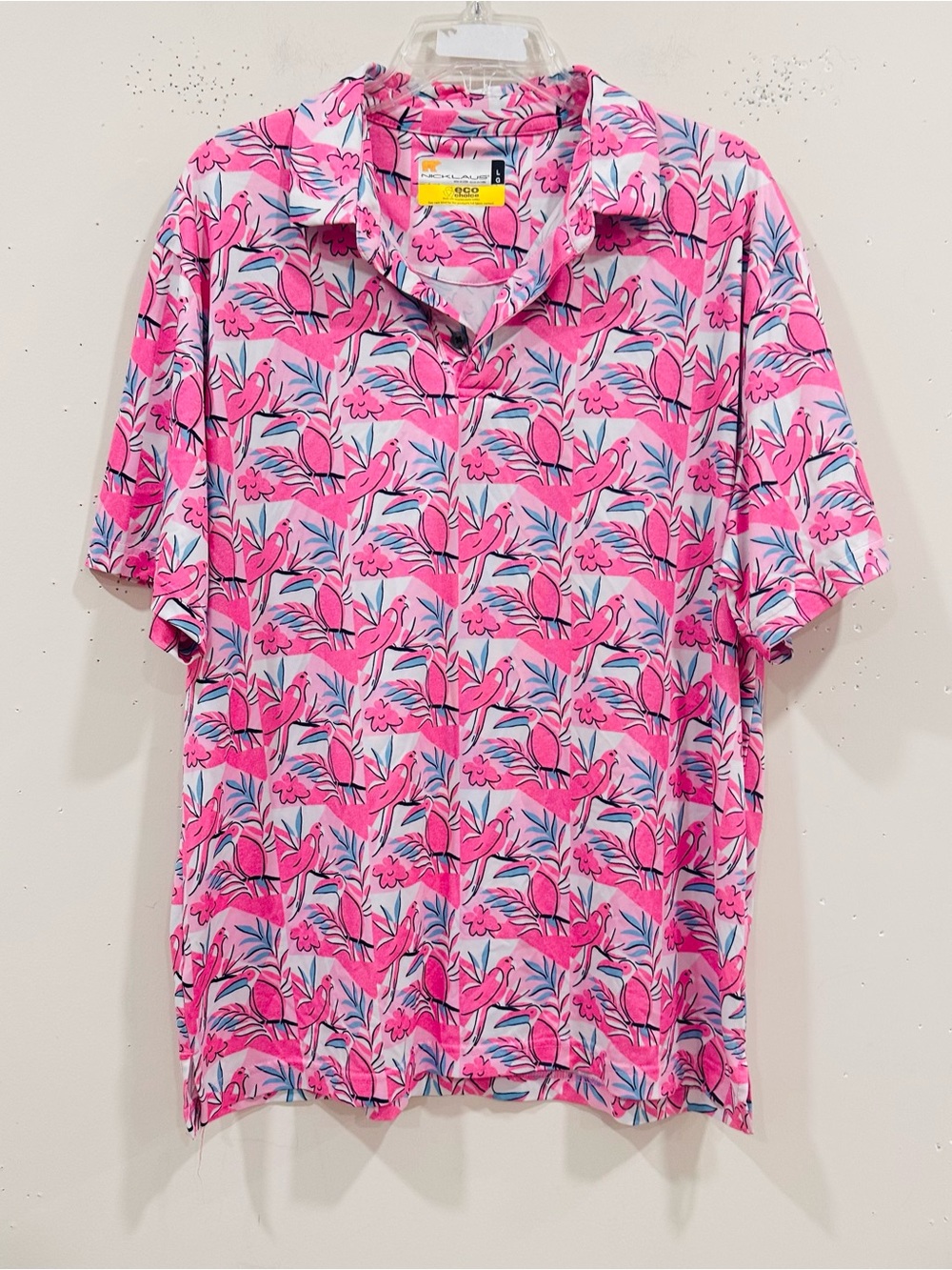 Nicklaus Men's Golf Polo Shirt, Activewear Performance Shirt Pink Floral, Size L